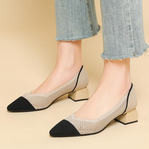 Women's Knit Mesh Block Heel Pumps Pointed Closed Toe Fashion Splicing Slip-On Pumps Outdoor Office Party Dress Shoes in Saudi Arabia