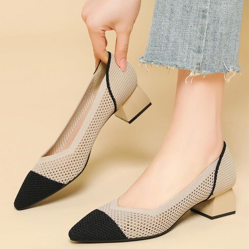 Women's Knit Mesh Block Heel Pumps Pointed Closed Toe Fashion Splicing Slip-On Pumps Outdoor Office Party Dress Shoes in Saudi Arabia
