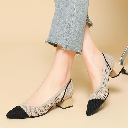 Women's Knit Mesh Block Heel Pumps Pointed Closed Toe Fashion Splicing Slip-On Pumps Outdoor Office Party Dress Shoes in Saudi Arabia