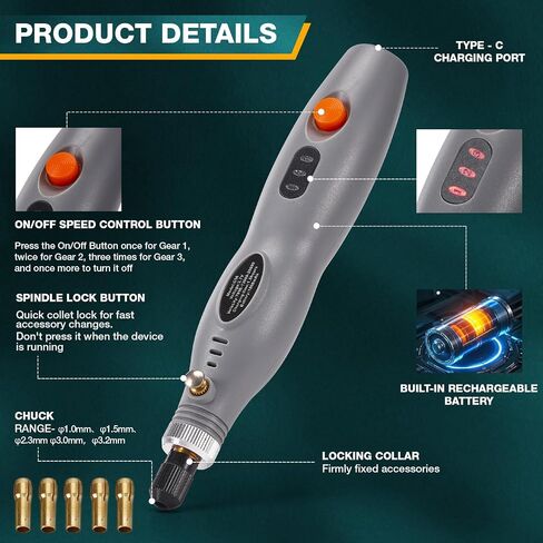 مجموعة أدوات دوارة صغيرة لاسلكية - أداة دوارة قابلة لإعادة الشحن عبر USB مع 76 ملحقًا وإعدادات 3 سرعات، متعددة الأغراض للطحن والتلميع والحفر والنحت والقطع (رمادي) in Saudi Arabia