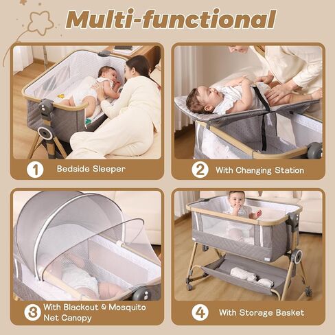 سرير أطفال للنوم بجانب السرير 5 في 1، سرير بجانب السرير للطفل مع مرتبة، طاولة حفاضات، طبقة تخزين، شبكة ناموسية، ارتفاع قابل للتعديل 7 مستويات، قابل للطي بلمسة واحدة للسفر مع الرضع (بيج) in Kuwait