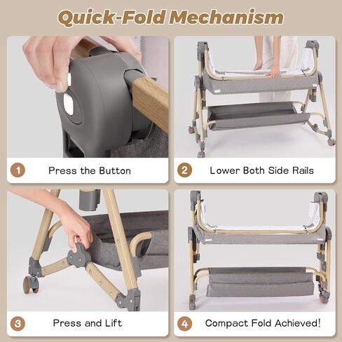 سرير أطفال للنوم بجانب السرير 5 في 1، سرير بجانب السرير للطفل مع مرتبة، طاولة حفاضات، طبقة تخزين، شبكة ناموسية، ارتفاع قابل للتعديل 7 مستويات، قابل للطي بلمسة واحدة للسفر مع الرضع (بيج) in Kuwait