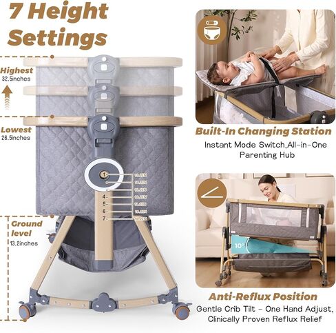 سرير أطفال للنوم بجانب السرير 5 في 1، سرير بجانب السرير للطفل مع مرتبة، طاولة حفاضات، طبقة تخزين، شبكة ناموسية، ارتفاع قابل للتعديل 7 مستويات، قابل للطي بلمسة واحدة للسفر مع الرضع (بيج) in Kuwait