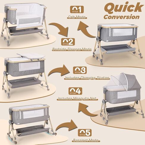 سرير أطفال للنوم بجانب السرير 5 في 1، سرير بجانب السرير للطفل مع مرتبة، طاولة حفاضات، طبقة تخزين، شبكة ناموسية، ارتفاع قابل للتعديل 7 مستويات، قابل للطي بلمسة واحدة للسفر مع الرضع (بيج) in Kuwait