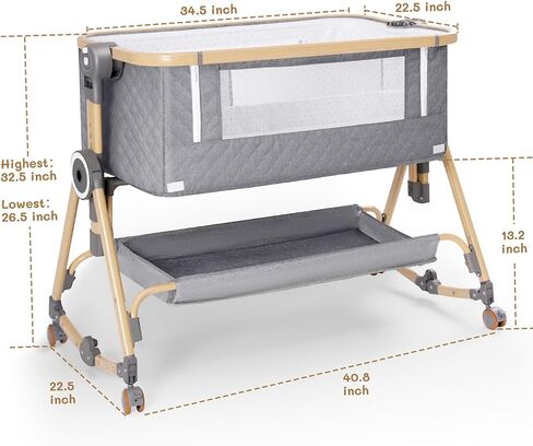 سرير أطفال للنوم بجانب السرير 5 في 1، سرير بجانب السرير للطفل مع مرتبة، طاولة حفاضات، طبقة تخزين، شبكة ناموسية، ارتفاع قابل للتعديل 7 مستويات، قابل للطي بلمسة واحدة للسفر مع الرضع (بيج) in Kuwait
