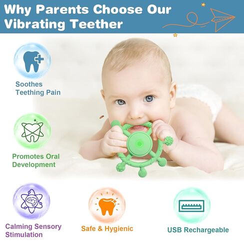 YOFUN 3-Speed Vibrating Baby Teether – Soothing Silicone Teething Toy for Infants 3M+, Food-Grade, USB Rechargeable – Soft & Safe Gum Relief for Babies (Green) in Saudi Arabia