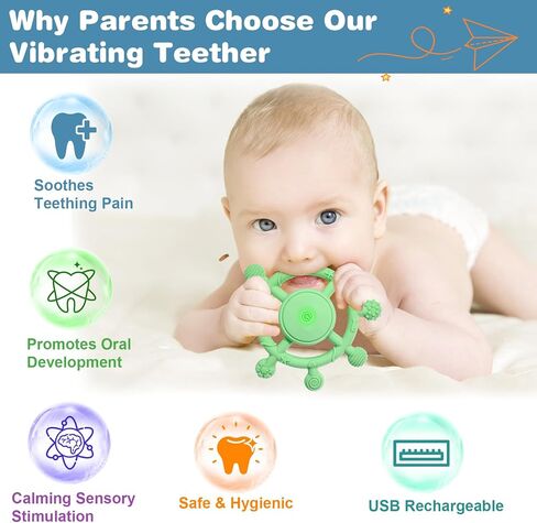 YOFUN 3-Speed Vibrating Baby Teether – Soothing Silicone Teething Toy for Infants 3M+, Food-Grade, USB Rechargeable – Soft & Safe Gum Relief for Babies (Green) in Saudi Arabia