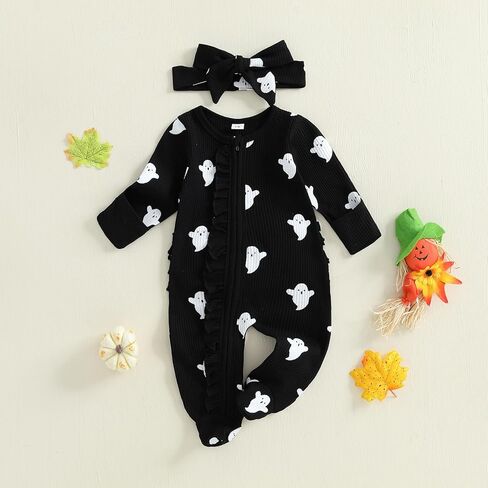 بدلة My First Halloween للأطفال البنات والأولاد بطباعة شبح وأكمام طويلة وسحاب وربطة قدم لطيفة من قطعة واحدة in Kuwait