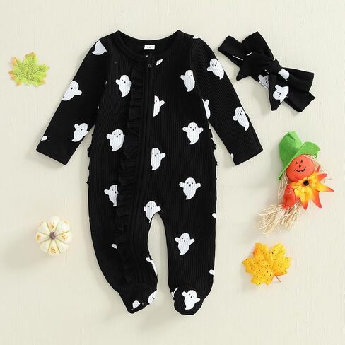 بدلة My First Halloween للأطفال البنات والأولاد بطباعة شبح وأكمام طويلة وسحاب وربطة قدم لطيفة من قطعة واحدة in Kuwait