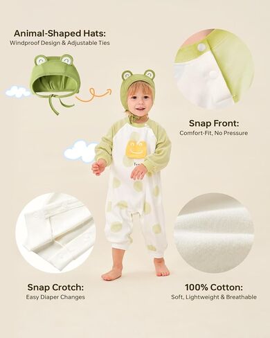 Infant Baby Boy One Piece Romper- Long Sleeve Unisex Organic Cotton Bodysuit Set with Hat, Animal Designs in Saudi Arabia