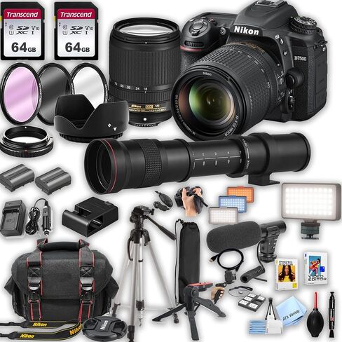 Nikon D7500 DSLR Camera Kit with 18-140mm VR Lens + 420-800mm Super Telephoto Lens + 128GB Memory, LED Light, Microphone, Spare Battery, Filters, Case, Tripod, and More (45pc Video Bundle),(Renewed) in Saudi Arabia