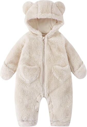 CAHL&FAUO Newborn Baby Jumpsuit With Fold-Over Mittens Girls Boys Winter Snowsuit Fleece Warm Romper Hooded Outwear Outfits in Kuwait