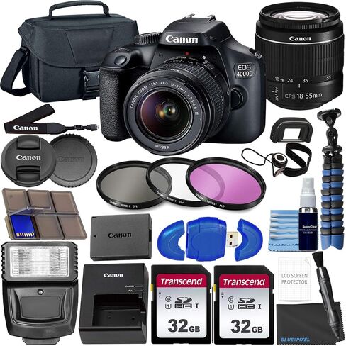 Canon EOS 4000D DSLR (Rebel T100) W/ 18-55mm Zoom Lens Kit |18 Megapixels CMOS | HD Video Bundled with 64GB Memory, 3PC Filter Kit, Case, Flex Tripod + More (27PC Bundle) (Renewed) in Saudi Arabia