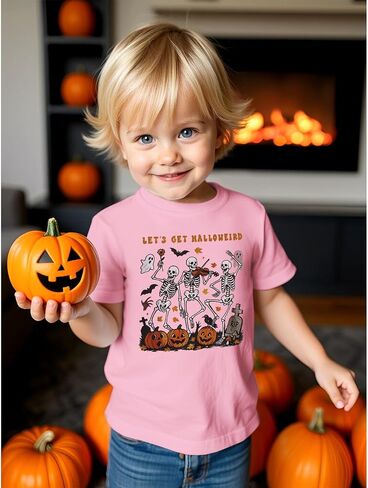 MODNTOGA Halloween Shirt Toddler Boy Girl Skeleton Party T-Shirt Let's Get Halloweird Pumpkin Tee Tops Spooky Season Outfit in Saudi Arabia
