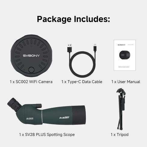 نطاقات اكتشاف SVBONY SV28 Plus مع حامل ثلاثي القوائم، نطاق رصد بزاوية مع محول هاتف مطور، IP65 مقاوم للماء، نطاق اكتشاف طويل المدى مضاد للضباب لإطلاق النار على الهدف، والطيور in Kuwait