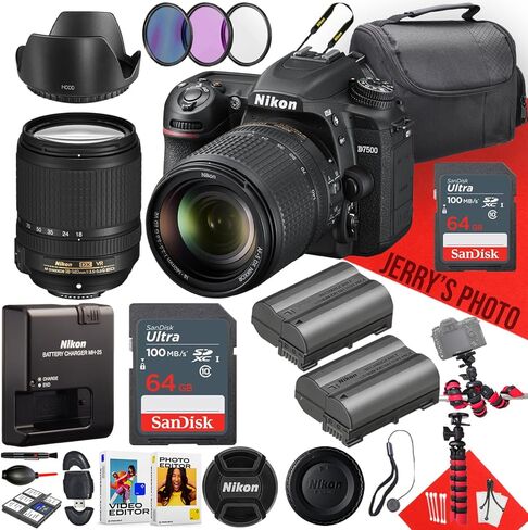 كاميرا Nikon D7500 DSLR مع عدسة 18-140 مم f/3.5-5.6G ED VR + قطعتين ذاكرة 64 جيجابايت + غطاء محرك السيارة + بطارية إضافية + مرشحات + المزيد (حزمة 28 قطعة) (متجددة) in Saudi Arabia