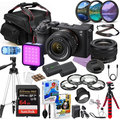 Sony a7C II Mirrorless Camera with 28-60mm Lens (Black) Bundle + Premium Accessory Package Including 64GB Extreme Memory, Case. Filters, Macros, LED Light, Photo-Video Software & More (34 Pieces) in Saudi Arabia