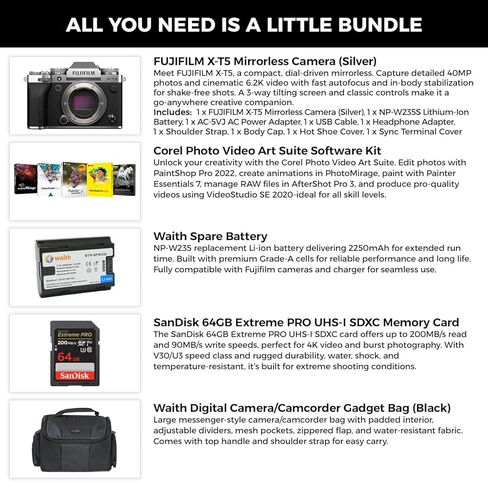 FUJIFILM X-T5 Mirrorless Camera (Silver) with 40MP APS-C X-Trans CMOS 5 HR Sensor, Corel Photo Video Art Suite for Editing, NP-W235 Battery, 64GB Extreme PRO SDXC Card & Camera/Camcorder Gadget Bag in Saudi Arabia