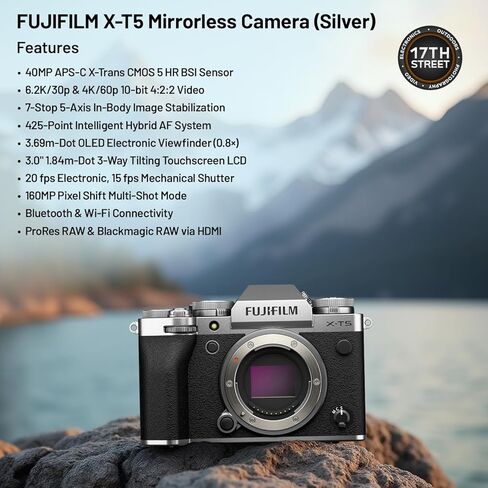 FUJIFILM X-T5 Mirrorless Camera (Silver) with 40MP APS-C X-Trans CMOS 5 HR Sensor, Corel Photo Video Art Suite for Editing, NP-W235 Battery, 64GB Extreme PRO SDXC Card & Camera/Camcorder Gadget Bag in Saudi Arabia