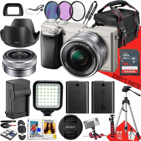 كاميرا Sony Alpha a6000 الرقمية بدون مرآة (فضي) مع عدسة Sony E PZ مقاس 16-50 مم F/3.5-5.6 OSS + ذاكرة 64 جيجابايت + حامل ثلاثي عنكبوت + ضوء LED + حافظة + بطارية إضافية + المزيد (حزمة 26 قطعة) (متجددة) in Saudi Arabia