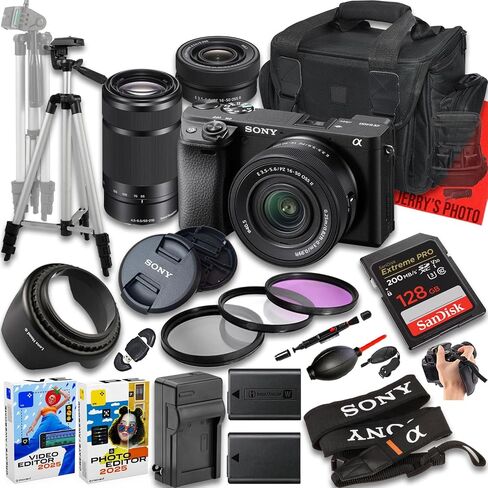 Sony a6400 Mirrorless Camera with E PZ 16-50mm f/3.5-5.6 OSS & E 55-210mm f/4.5-6.3 Lens + 128 GB Memory + Extra Battery + Camera Case + Tripod + More (25pc Bundle) (Renewed) in Saudi Arabia