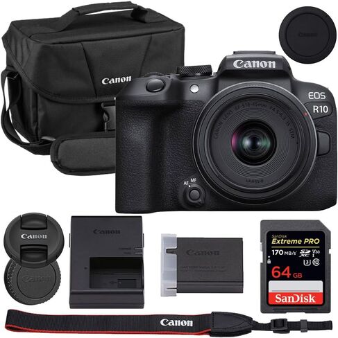Canon EOS R10 Mirrorless Camera with 18-45mm Lens Bundle with Canon 200ES EOS Shoulder Bag + 64GB Extreme PRO Memory Card in Saudi Arabia