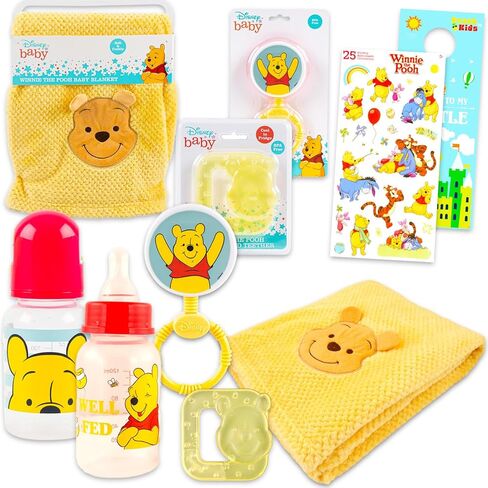 Disney Winnie The Pooh Baby Gift Set - 6 Pc Newborn Essentials Bundle with Blanket, Rattle, Bottle, Teether, Scrapbook Stickers, More | Baby Shower Gifts for Girls, Boys in Saudi Arabia