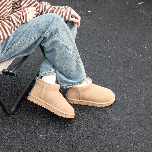 Suede Platform Mini Snow Boots for Women, Genuine Leather Fuzzy Ankle Winter Snow Boots with Fur Lined, Anti-Slip Boot For Outdoor in Saudi Arabia