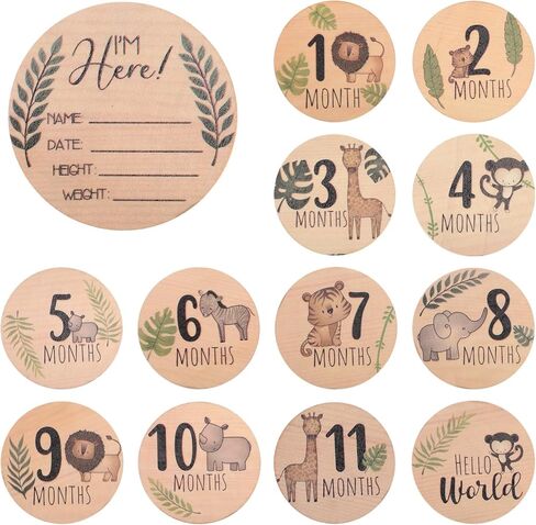 7PCS Baby Monthly Milestone Markers Disc, Wooden 3D Baby Birth Announcement Sign, Double Sided Animals Marker Hello World Milestone Sign, Newborn Photo Props Pregnancy and Babies Shower Gifts in Saudi Arabia