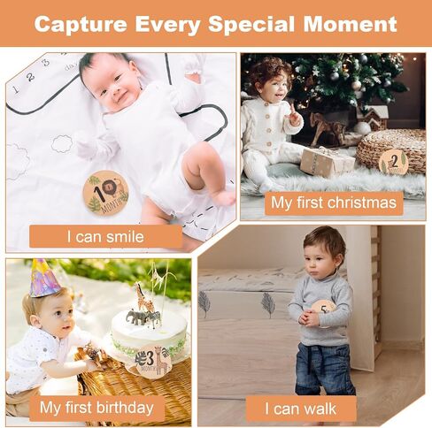 7PCS Baby Monthly Milestone Markers Disc, Wooden 3D Baby Birth Announcement Sign, Double Sided Animals Marker Hello World Milestone Sign, Newborn Photo Props Pregnancy and Babies Shower Gifts in Saudi Arabia