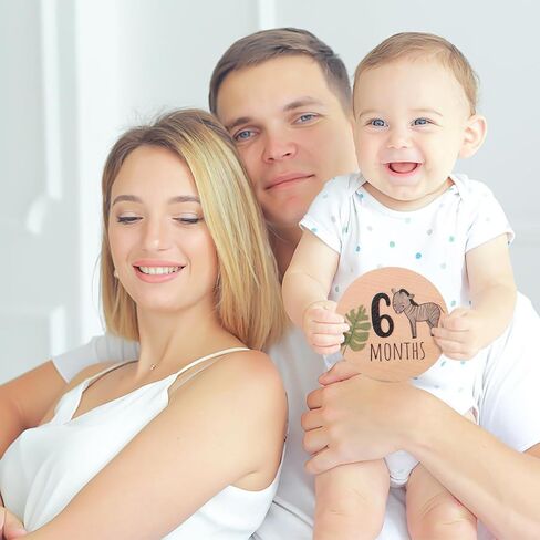 7PCS Baby Monthly Milestone Markers Disc, Wooden 3D Baby Birth Announcement Sign, Double Sided Animals Marker Hello World Milestone Sign, Newborn Photo Props Pregnancy and Babies Shower Gifts in Saudi Arabia