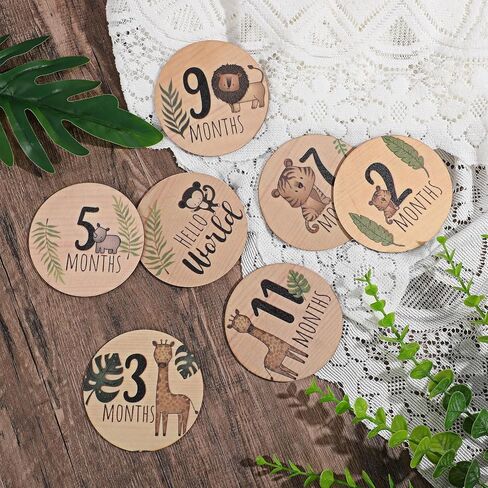 7PCS Baby Monthly Milestone Markers Disc, Wooden 3D Baby Birth Announcement Sign, Double Sided Animals Marker Hello World Milestone Sign, Newborn Photo Props Pregnancy and Babies Shower Gifts in Saudi Arabia