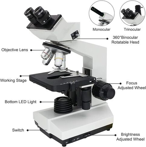 مجهر بيولوجي، مجهر أحادي العين ثلاثي العينيات LED 1600X f/مراقبة الأبحاث البيولوجية المختبرية لمختبر المدرسة، مجهر ثنائي العينين in Kuwait