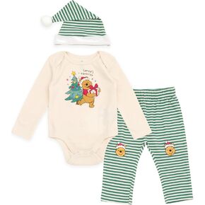 Disney Christmas Baby Bodysuit, Pants and Velour Santa Hat 3 Piece Outfit Set Newborn to Infant Sizes (Newborn - 24 Months) in Saudi Arabia