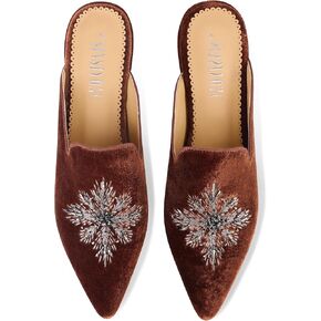 Embroidered Mules for Women Pointed Toe Beaded Backless Velvet Flats Slides with Snow Pattern in Kuwait