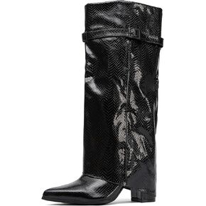 أحذية طويلة للركبة للسيدات من NEWBELLA - أحذية بنطال من جلد البولي يوريثان اللامع، أحذية بكعب عريض بمقدمة مدببة عصرية للملابس in Kuwait