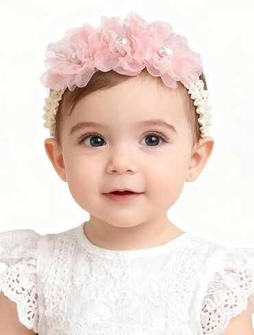Handmade Baby Girl Headbands in Beige and Pink Lace Flowers for Newborns and Toddlers Cute Baby Girl Flowers and Newborn Headbands (Beige Lace Pearl Floral, One Size) in Saudi Arabia