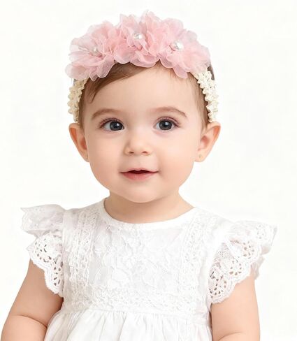 Handmade Baby Girl Headbands in Beige and Pink Lace Flowers for Newborns and Toddlers Cute Baby Girl Flowers and Newborn Headbands (Beige Lace Pearl Floral, One Size) in Saudi Arabia