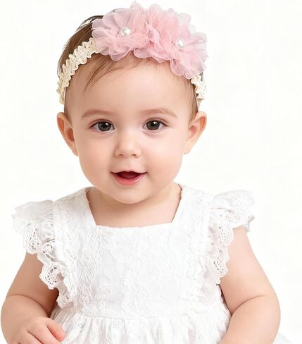 Handmade Baby Girl Headbands in Beige and Pink Lace Flowers for Newborns and Toddlers Cute Baby Girl Flowers and Newborn Headbands (Beige Lace Pearl Floral, One Size) in Saudi Arabia