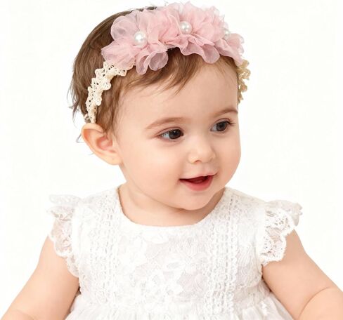 Handmade Baby Girl Headbands in Beige and Pink Lace Flowers for Newborns and Toddlers Cute Baby Girl Flowers and Newborn Headbands (Beige Lace Pearl Floral, One Size) in Saudi Arabia