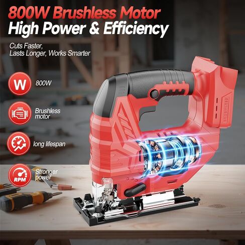 Cordless Jigsaw Compatible with Milwaukee 18V Battery, Brushless Motor, 7-Speed Variable Control, 3200 RPM, 800W Power, Guide Rail, 0–45° Bevel, LED Light, 6 Blades (Tool Only) in Saudi Arabia