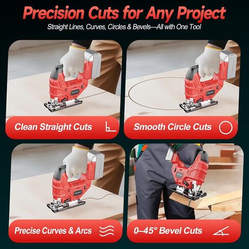 Cordless Jigsaw Compatible with Milwaukee 18V Battery, Brushless Motor, 7-Speed Variable Control, 3200 RPM, 800W Power, Guide Rail, 0–45° Bevel, LED Light, 6 Blades (Tool Only) in Saudi Arabia