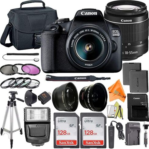 كاميرا Canon EOS 2000D / Rebel T7 الرقمية SLR بدقة 24.1 ميجابكسل مع عدسة تكبير 18-55 مم + حزمة ملحقات ZeeTech، عبوتان من بطاقة ذاكرة SanDisk سعة 128 جيجابايت، وعدسات مقربة وعدسات واسعة الزاوية، وفلاش، وحامل ثلاثي القوائم (متجدد) in Kuwait