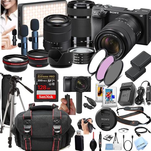Sony a6400 Mirrorless Camera with 18-135mm + 55-210mm Lenses + 128GB Extreme Memory, Wireless Lavalier Microphones, LED Light, AUX Lenses, Filters, Case, Tripod, and More (42pc Bundle) (Renewed) in Saudi Arabia