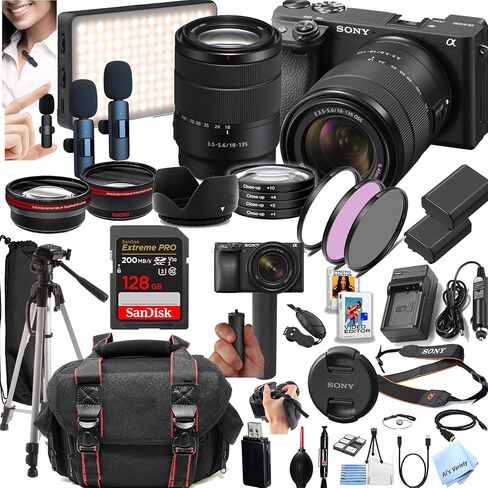 Sony a6400 Mirrorless Camera with 18-135mm Lens + 128GB Extreme Memory, Wireless Lavalier Microphones, LED Light, AUX Lenses, Filters, Case, Tripod, and More (40pc Bundle) (Renewed) in Saudi Arabia