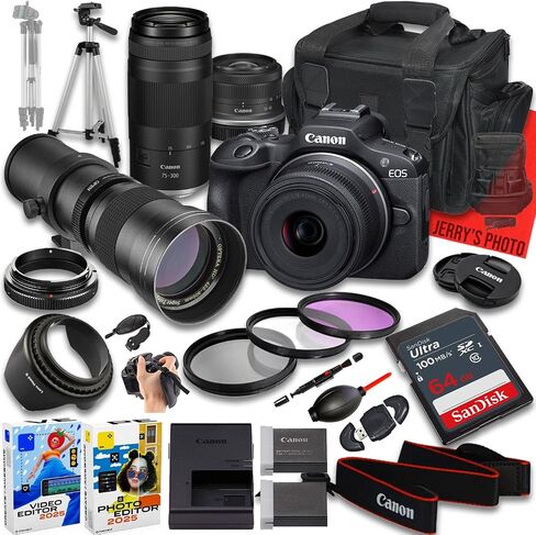 كاميرا Canon EOS R100 بدون مرآة مع عدسة RF-S مقاس 18-45 مم f/4.5-6.3 STM و75-300 مم f/4-5.6 وعدسة 420-800 مم f/8 + ذاكرة 64 جيجابايت + بطارية إضافية + حقيبة كاميرا + المزيد (حزمة 25 قطعة) (متجددة) in Saudi Arabia