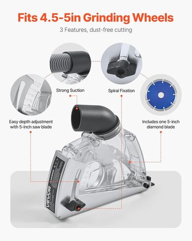 VEVOR Cutting Dust Shroud for Angle Grinders, Universal 4-5 in Angle Grinder Dust Shroud with 6 Clamping Washers & 5 in Diamond Grinding Cup Wheel, Adjustable Cutting Depth, Connect to Vacuum Cleaner in Saudi Arabia
