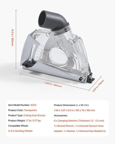 VEVOR Cutting Dust Shroud for Angle Grinders, Universal 4-5 in Angle Grinder Dust Shroud with 6 Clamping Washers & 5 in Diamond Grinding Cup Wheel, Adjustable Cutting Depth, Connect to Vacuum Cleaner in Saudi Arabia