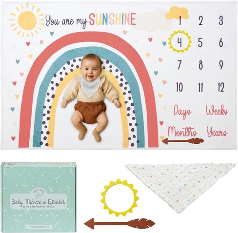 بطانية Bliss n 'Baby الشهرية للفتيات الصغيرات - 60 بوصة × 40 بوصة - بطانية خالية من التجاعيد لعمر الطفل مع مخطط النمو - قابلة للغسل والتجفيف - مع إكليل وعصابة رأس - موضوع زهري in Saudi Arabia