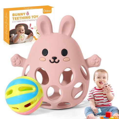 Orzbow Baby Teething Toys 3-6 Months, 2 in 1 Rattle & Hand Teethers for Teething Relief, Easy Grasp Teething Mittens for Babies 0-12 Months,Food Grade Silicone, Newborn Infant Toddler Gift, Pink in Kuwait